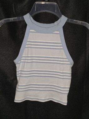 American Eagle Outfitters Light Blue & White Striped Ribbed Halter Tank